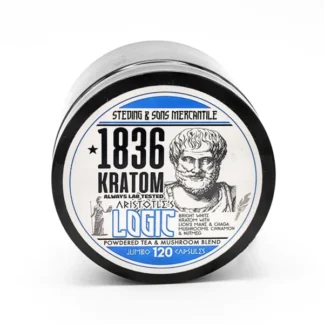 1836 Kratom Great White 150 Jumbo Capsules container with shark logo and blue label reading “The Greatest White Kratom of All Time!"