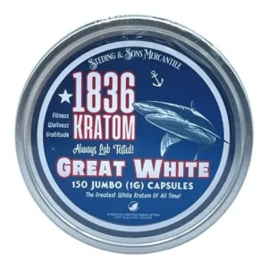 1836 Kratom Great White 150 Jumbo Capsules container with shark logo and blue label reading “The Greatest White Kratom of All Time!"