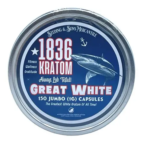1836 Kratom Great White 150 Jumbo Capsules container with shark logo and blue label reading “The Greatest White Kratom of All Time!"