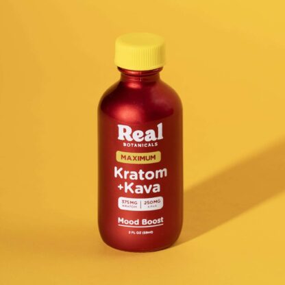 Front of Real Botanicals Maximum Mood Boost Shot bottle featuring red label with “Kratom + Kava” and “Mood Boost” text, shown against a yellow background.