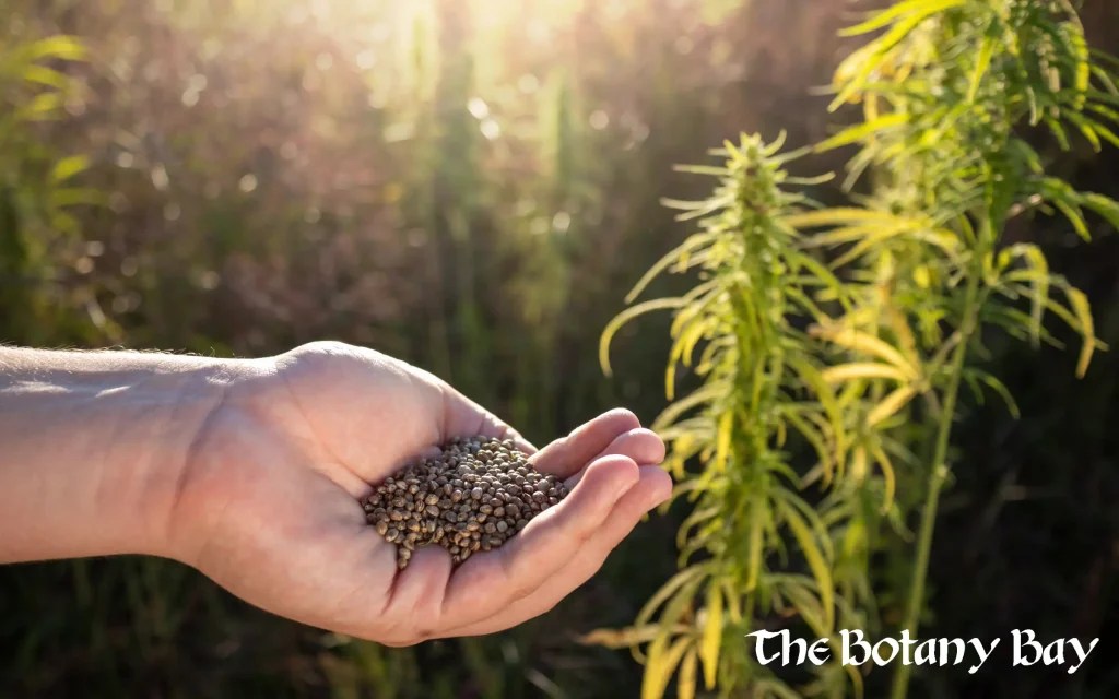 hemp plants growing, hemp seeds in hand, CBG