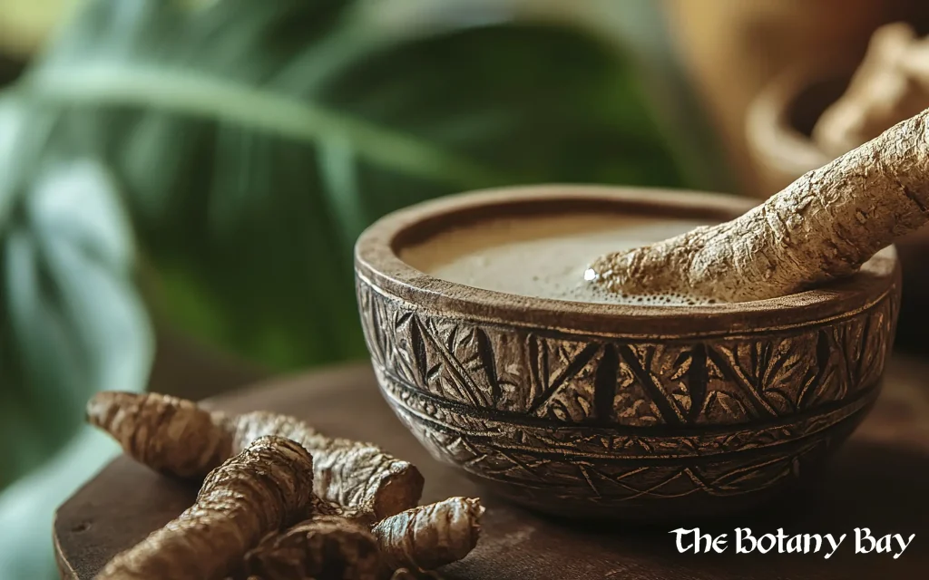 a bowl of brown liquid next to a pile of roots